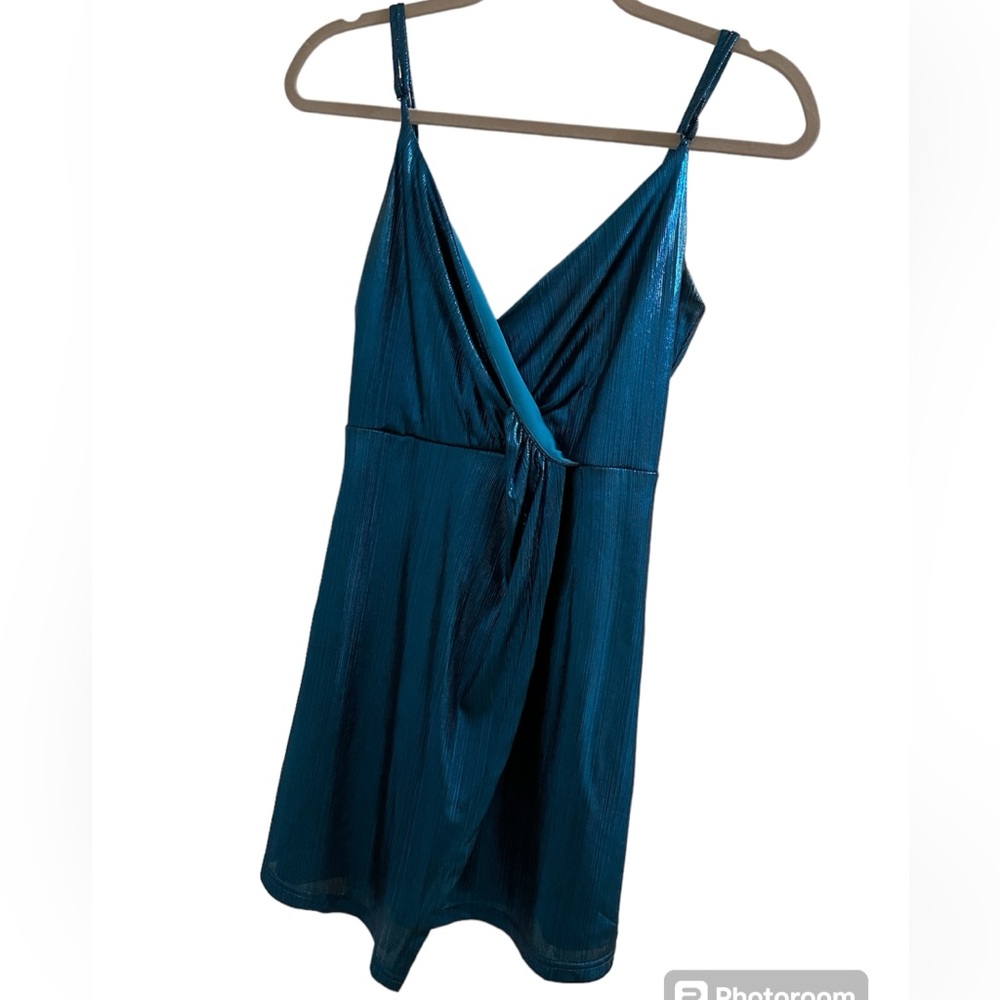 Blue Blush Shiny V-Neck Mini Dress